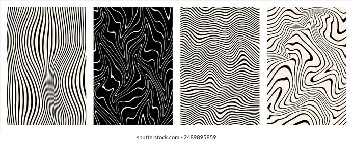 Hand drawn striped groovy abstract backgrounds, rectangle patterns set. Black and white marble stains templates collection. Distorted curved uneven stripes, warped streaks, fluid wavy lines, waves.