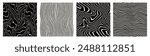 Hand drawn striped groovy backgrounds, square patterns set. Black and white marble stains templates collection. Distorted curved uneven stripes, warped streaks, fluid wavy lines, artistic waves.