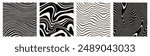 Hand drawn striped groovy backgrounds, square patterns set. Black and white marble stains templates collection. Distorted curved uneven stripes, warped streaks, fluid liquid wavy lines, artistic waves