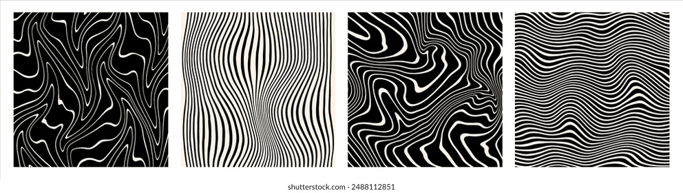 Hand drawn striped groovy backgrounds, square patterns set. Black and white marble stains templates collection. Distorted curved uneven stripes, warped streaks, fluid wavy lines, artistic waves.