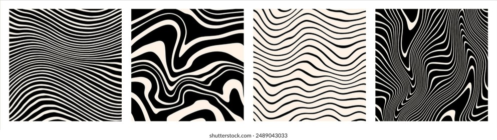 Hand drawn striped groovy backgrounds, square patterns set. Black and white marble stains templates collection. Distorted curved uneven stripes, warped streaks, fluid liquid wavy lines, artistic waves