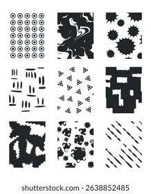 Hand drawn striped groovy backgrounds, square patterns set. Black and white marble stains templates collection. Distorted curved uneven stripes, warped streaks, fluid wavy lines, artistic waves.