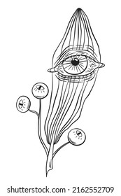 Hand drawn striped leaf with big eye. Berries with mystical spiritual symbols. Modern sketch illustration. Contemporary surreal art for design decorations, tattoos, prints