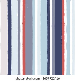 Hand drawn striped pattern, red and blue vertical stripe seamless background, watercolor brush strokes. vector grunge stripes, retro paintbrush line backdrop