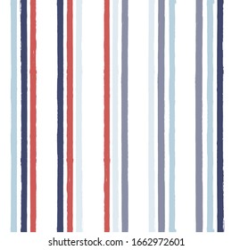 Hand drawn striped pattern, red and blue vertical stripe seamless background, watercolor brush strokes. vector grunge stripes, retro paintbrush line backdrop