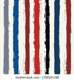 Hand drawn striped pattern, red and blue vertical stripe seamless background, watercolor brush strokes. vector grunge stripes in Usa flag colors, patriotic paintbrush line backdrop