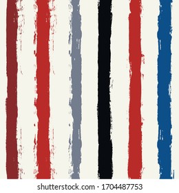 Hand drawn striped pattern, red and blue vertical stripe seamless background, watercolor brush strokes. vector grunge stripes in Usa flag colors, patriotic paintbrush line backdrop