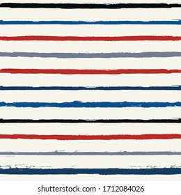 Hand drawn striped pattern, red and blue vertical stripe seamless background, watercolor brush strokes. vector grunge stripes in Usa flag colors, patriotic paintbrush line backdrop