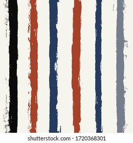 Hand drawn striped pattern, red and blue vertical stripe seamless background, watercolor brush strokes. vector grunge stripes in Usa flag colors, patriotic paintbrush line backdrop