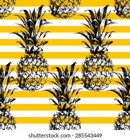 Hand drawn striped pineapple seamless pattern