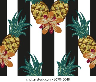 Hand drawn striped pineapple seamless pattern