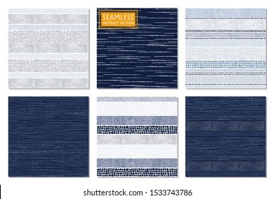 Hand drawn striped set seamless patterns with ink drops. Collection texture in polka dots. Vector doodle illustration in denim style 