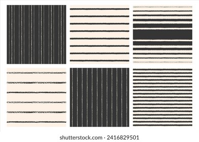 Hand drawn striped vector seamless patterns set. Black and white brush, chalk, charcoal drawn stripes, lines, streaks, bars, pinstripes. Rough, textured edges. Monochrome square backgrounds collection