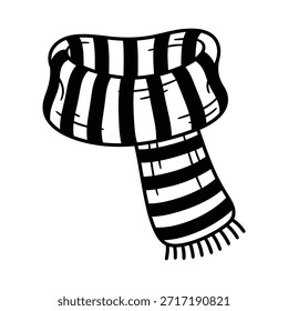 Hand drawn striped winter scarf illustration in black and white doodle style. Perfect for apparel graphics, t-shirt prints, stickers, seasonal design, and cozy fashion themes.