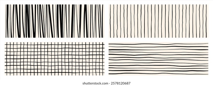 Hand drawn stripes, check, plaid, grid chaotic hatching backgrounds, headers, elongated banners. Uneven streaks, doodle lines, pinstripes patterns. Black white striped 1:3 rectangle templates set.