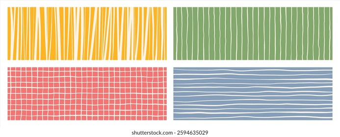 Hand drawn stripes, check, plaid, grid chaotic hatching backgrounds, headers, elongated banners. Uneven streaks, doodle lines, pinstripes patterns. Bright striped 1:3 rectangle templates set.