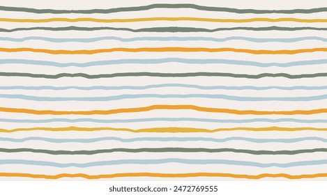Hand drawn stripes in pastel colours on a white background. Thin wavy horizontal lines backdrop. Vintage design for textile and wallpaper.