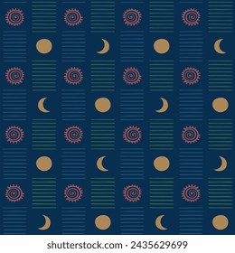 hand drawn stripes, suns, moons. aztec motifs. vector seamless pattern. color repetitive background. folk decorative art. fabric swatch. wrapping paper. design template for textile, home decor, linen