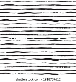 Hand drawn stripes vector pattern made with ink. Monochrome brush strokes. Seamless background. 