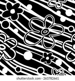 Hand drawn stripped seamless texture with flowers. Black&white.