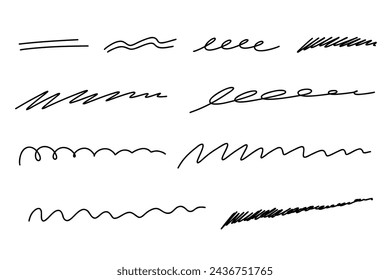 Hand drawn stroke line set. Highlight marker underline and strike through collection. Pen line template. Vector illustration isolated on white background.