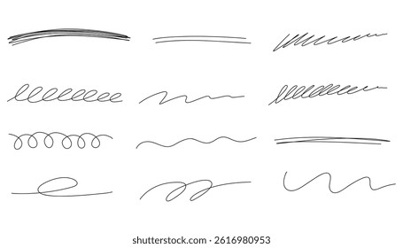 Hand drawn stroke line set. Highlight handwritten marker underline, stroke and strike through set. Pen line template. Vector illustration isolated on white background.