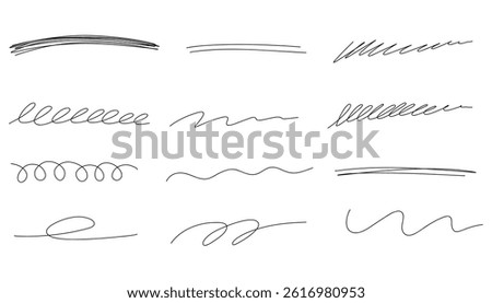Hand drawn stroke line set. Highlight handwritten marker underline, stroke and strike through set. Pen line template. Vector illustration isolated on white background.