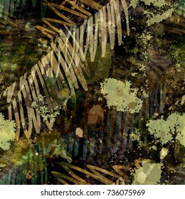 Hand drawn stroke as stylized palm leaves and stains. Grey and green colors. Grunge seamless texture. Abstract vector background for web page, banners, fabric, home decor, wrapping 
