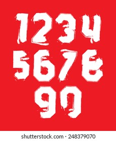Hand drawn stroked numerals, collection of unusual watercolor numbers isolated on red background.