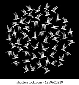 Hand drawn strokes birds, flock. Drawing sketch. On black background. Inspirational body flash tattoo ink.  Vector.