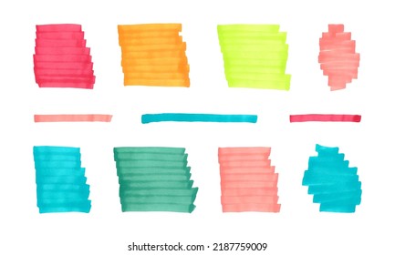 Hand drawn strokes with felt pen. Colored elements for disign drawn with markers isolated on white background. Vector illustration.