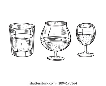 Hand drawn strong alcohol glasses set. Engraving style. Black color vector illustration.