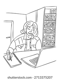 Hand drawn student studying at desk with laptop and notebook in cozy home interior with bookshelf. This illustration represents education learning process and remote study lifestyle concept