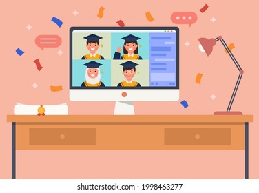 Hand drawn of students celebrating virtual graduation ceremony on online platform vector design illustration