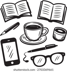 Estudio dibujado a mano y conjunto de iconos de oficina con libros y papelería