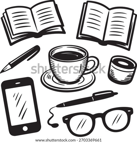 Hand Drawn Study and Office Icon Set with Books and Stationery
