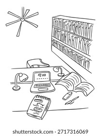 Interior de la sala de estudio dibujado a mano con escritorio, computadora portátil, libros y estantes de Biblioteca en estilo de línea minimalista aislado sobre fondo blanco. La Imagen representa la educación, el aprendizaje superior, el proceso de investigación