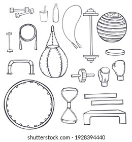 Hand drawn stuff for sports and fitness. Vector sketch  illustration.