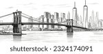 Hand drawn Stunning panoramic view of New York City skyline and Brooklyn bridge with skyscrapers and the East River flowing during the day in United States of America flat style Hand drawn