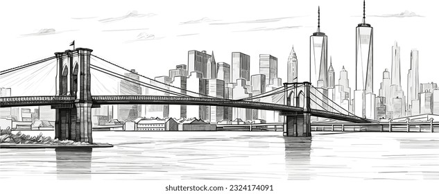 Hand drawn Stunning panoramic view of New York City skyline and Brooklyn bridge with skyscrapers and the East River flowing during the day in United States of America flat style Hand drawn
