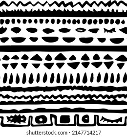 Hand drawn style abstract egyptian seamless repeat pattern in black white colors. Vector illustration on white background contains lines, triangles, eyes