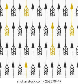 Hand drawn style arrows seamless pattern. Vintage abstract repeat pattern in black, golden and white.