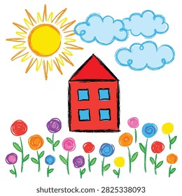 Hand drawn style art showing cozy red house under yellow sun and blue clouds surrounded by vibrant circular flowers