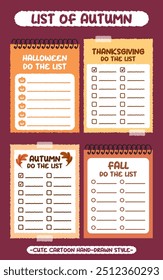 Hand drawn style autumn travel bucket lists set. Halloween checklists with pumpkin pattern. Cartoon doodle style Thanksgiving  day do list. Cute colorful fall bucket list memo. Chart, Idea, Paper note