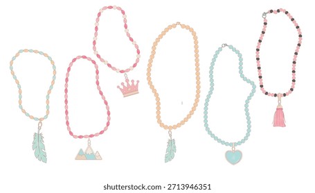 Estilo dibujado a mano collares de cuentas con plumas, corazón, corona y montañas