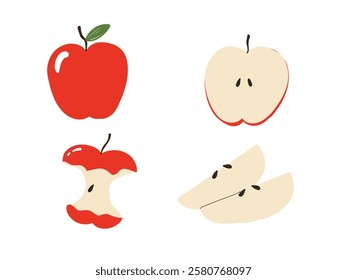 Hand drawn style, bitten apple, apple fruit core