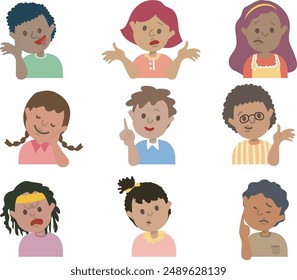 Hand drawn style black character avatar. Comic African drawn people profile with variety facial emotions. Set of out line style kids face expression. Flat abstract line drawing style head vector.