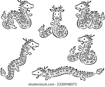 Ilustración de líneas de pincel de estilo dibujado a mano conjunto de dragones largos en varias poses