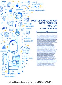 Hand Drawn Style Business Design. Pencil Sketch. Set of application development, web site coding, information and mobile technologies vector icons and elements.