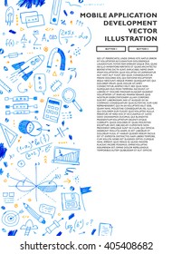 Hand Drawn Style Business Design. Pencil Sketch. Set of application development, web site coding, information and mobile technologies vector icons and elements.